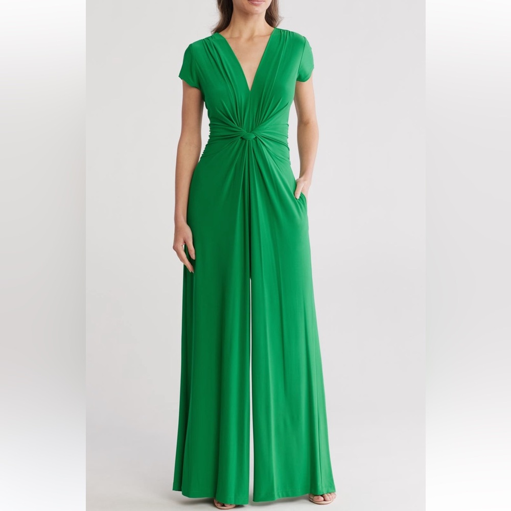 NWT Vince Camuto Green Formal Ruched V-Neck  Cinched Knot Flared-Leg Jumpsuit - Picture 4 of 4